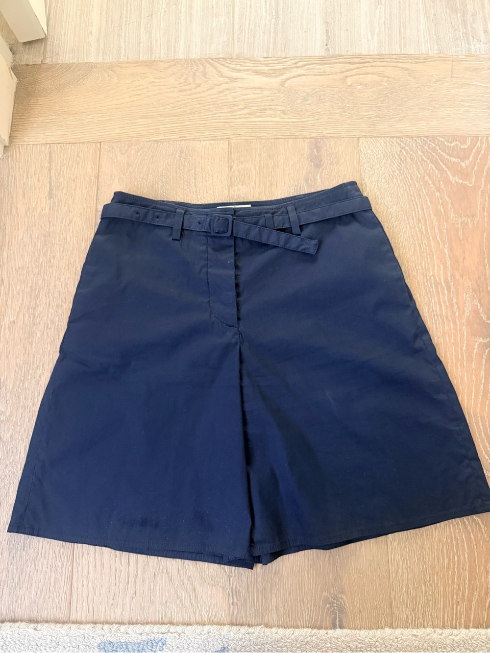 Prada Navy High-Waist Belted A-Line Shorts